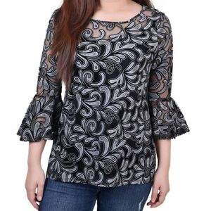NY Collection Black Scrolleaf Blouse